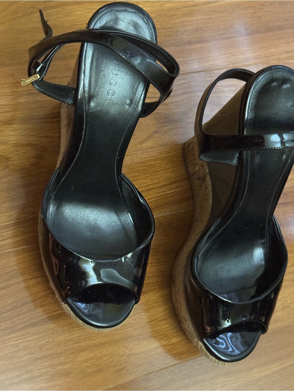 Authentic Gucci Black Patent Leather Cork Platform Wedge Sandals